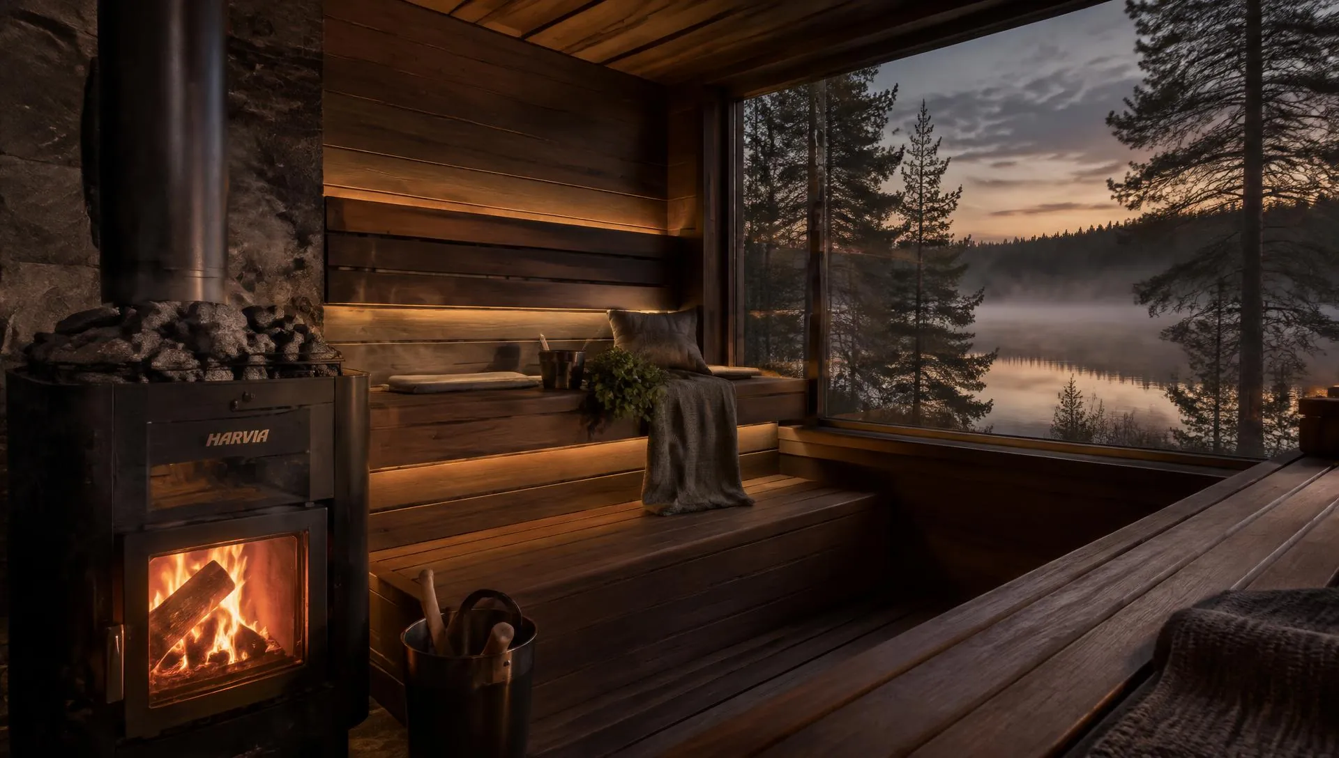 Dark timber sauna with a glowing wood stove and a window over a misty forest lake